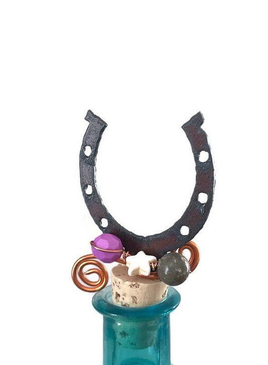 Rustic Horseshoe Wine Bottle Stopper – Beaded Decorative Cork Stopper – Western Kitchen Gift