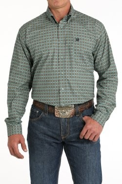 Cinch Men's Geometric Print Button-Down Western Shirt - Green