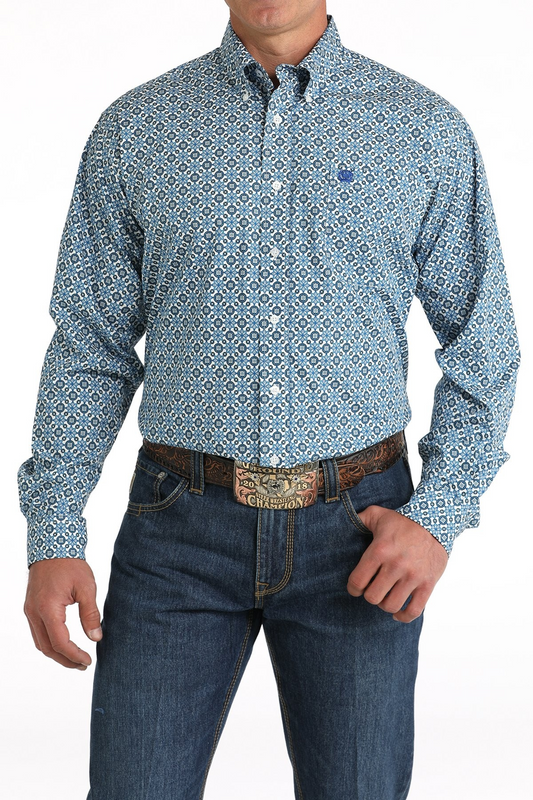 Cinch Men's Geometric Print Button-Down Western Shirt - Blue/White