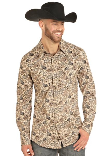 Men's Rock & Roll Snap Down Long Sleeve Taupe Paisley