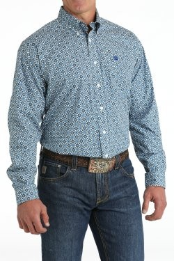 Cinch Men's Geometric Print Button-Down Western Shirt - Blue/White