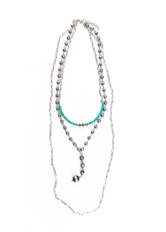 Multi Layer Burnished Silver Chain, Green Turquoise and Faux Navajo Pearl Necklace