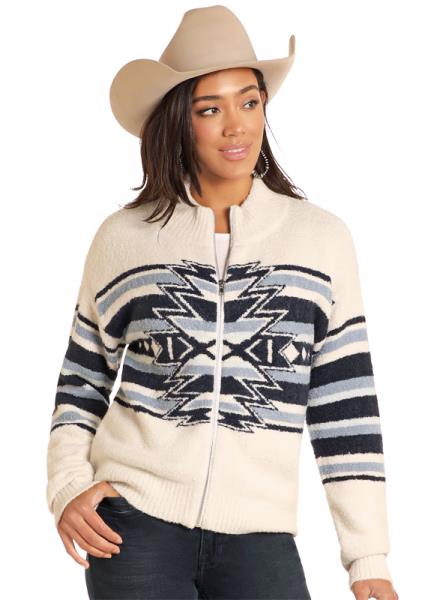 Women's Rock & Roll Navy/white Aztec zip up sweater