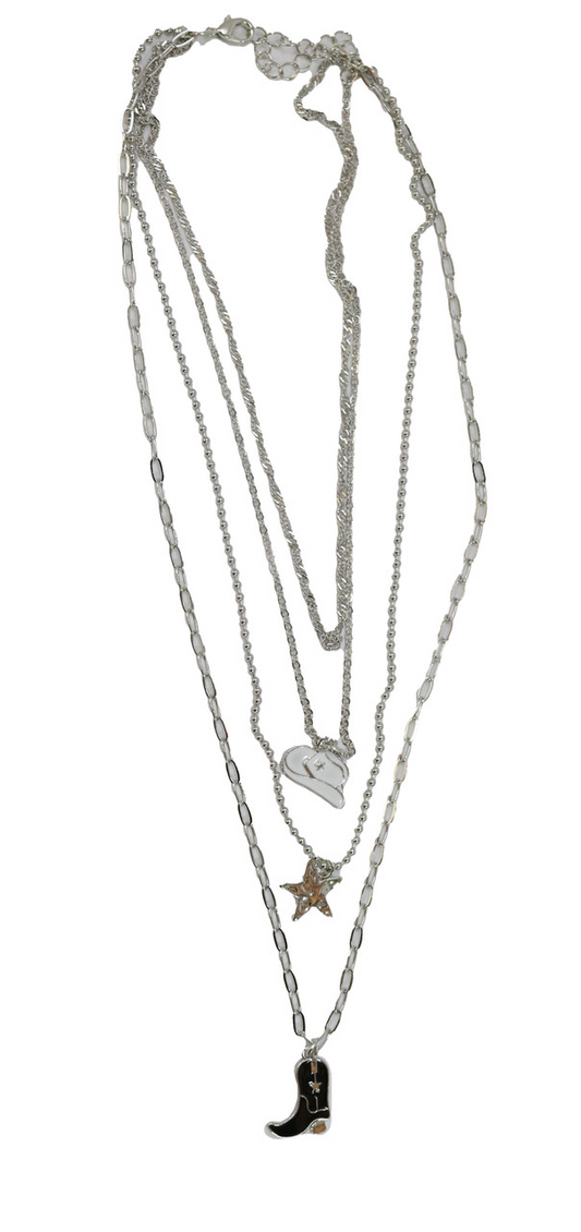 Silver Chain Layered Necklace with White Cowboy Hat, Star and Black Cowboy Boot