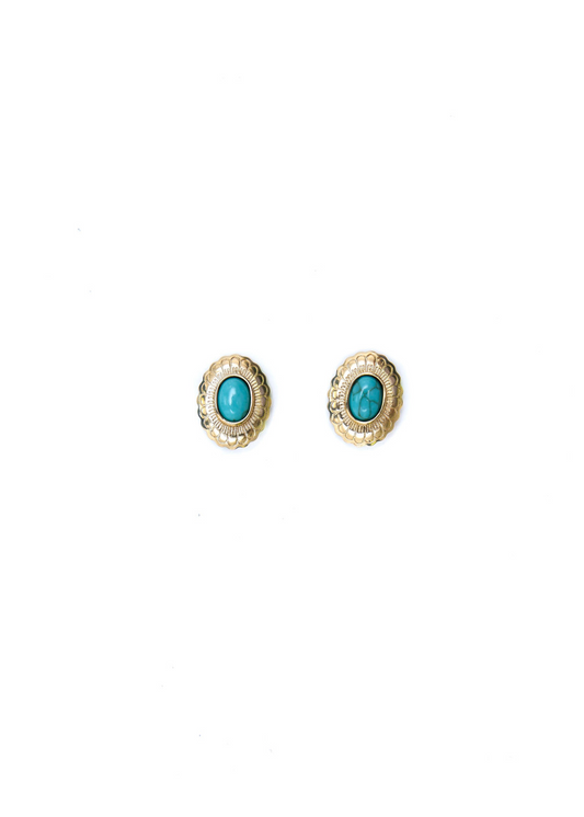 Small Gold Flower Stamped Concho Post Earring with Turquoise Accent