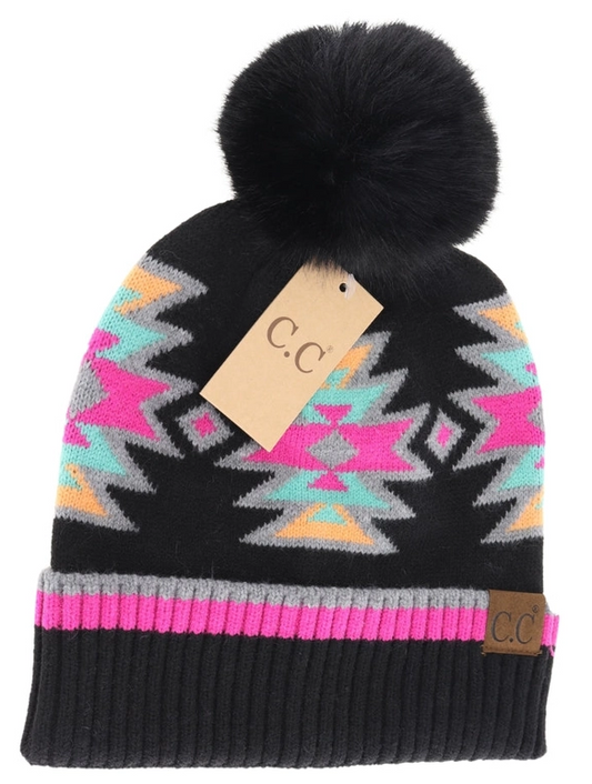 Southwestern Faux Fur Pom C.C Beanie