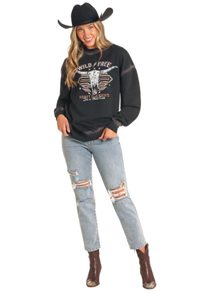 Women's Rock & Roll Wile & Free Black Bleached Crewneck Sweatshirt