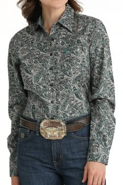 Cinch Women's Paisley Print Button-Down Western Shirt - Gray/Teal