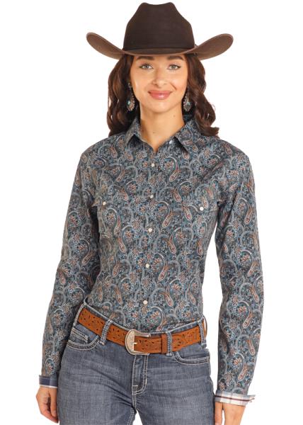 Women's Rock & Roll Snap long sleeve Teal Paisley