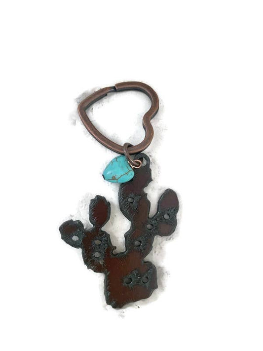 Rustic Prickly Pear Keychain with Turquoise Heart – Western Keychain – Cowgirl Gift Idea