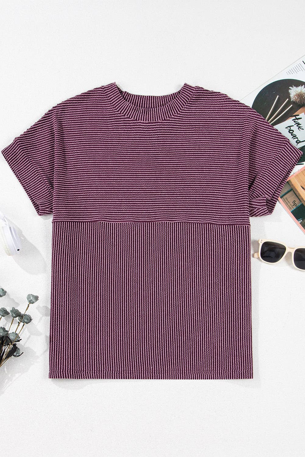 PRETTY BASH Women's Corded Knit Mock Neck T-Shirt | Casual Textured Boutique Top