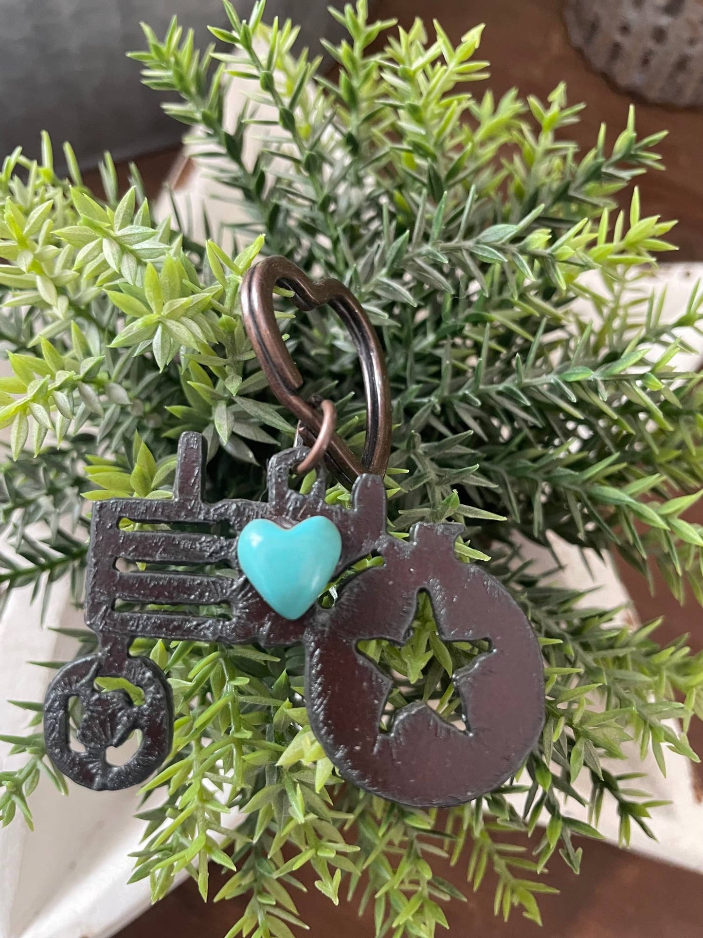 Rustic Tractor Keychain with Heart Cabochon – Farm Tractor Metal Keychain – Farmer Gift