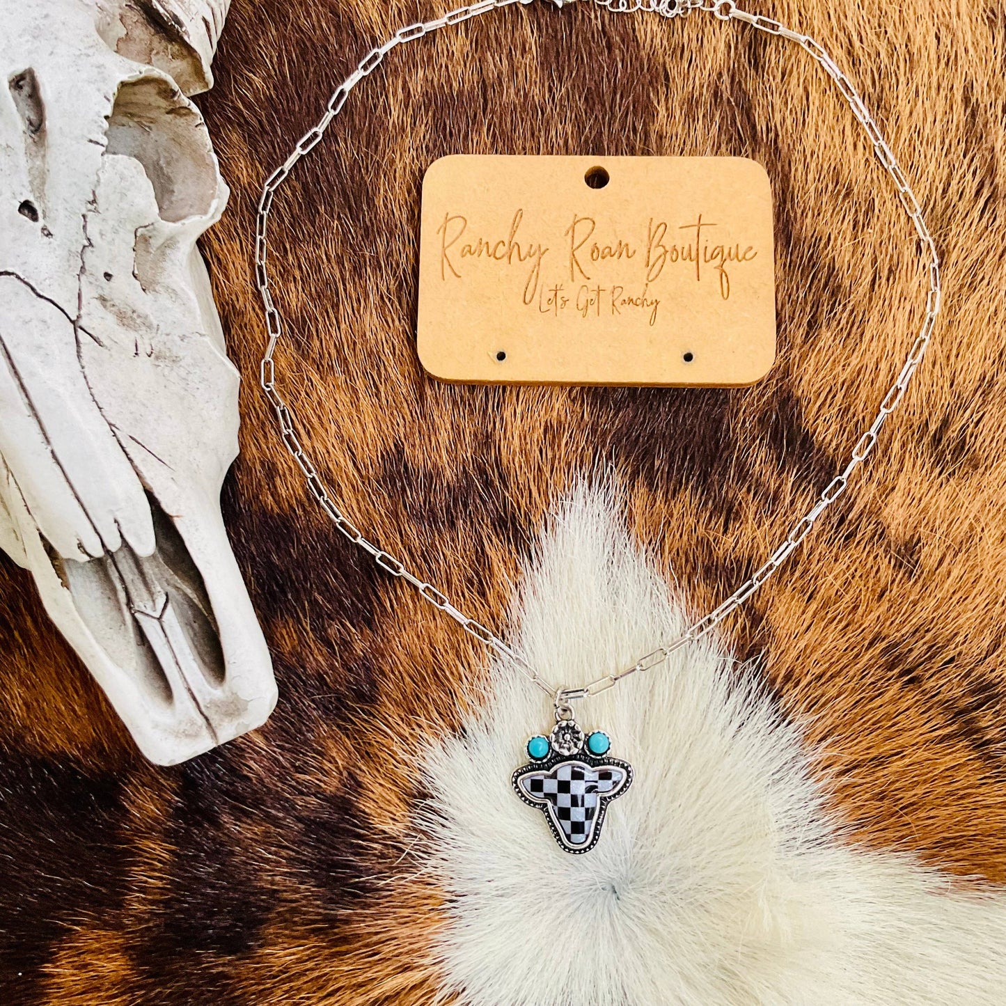 Western Checker Cow Head Necklace