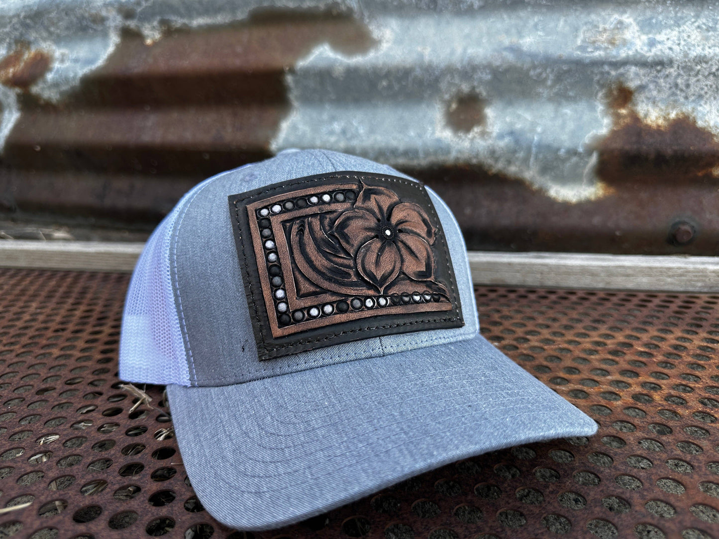 Pansy Handtooled Leather Patch Cap with Beaded Border Cowgirl Rodeo Western Cowboy