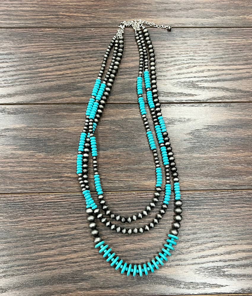 Handmade 3-Strand Navajo Pearl Bead Necklace – 30” to 35” Adjustable Western Statement Necklace