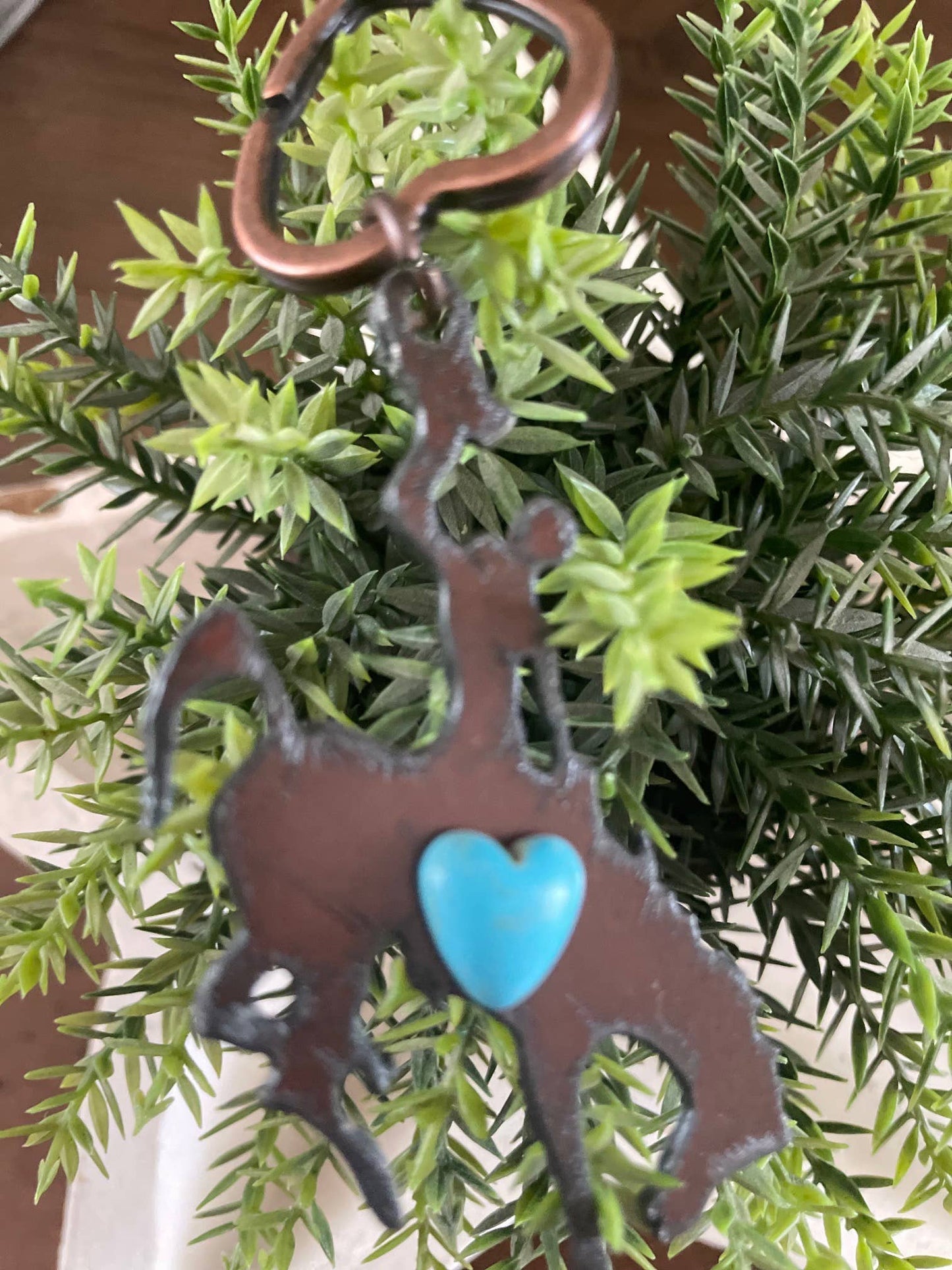 Rustic Bronc Keychain with Turquoise Heart – Bucking Horse Metal Keychain – Western Rodeo Gift