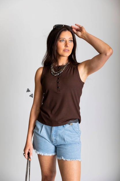Pearl Snap Western Tank | Ribbed Country Tank Top Mocha