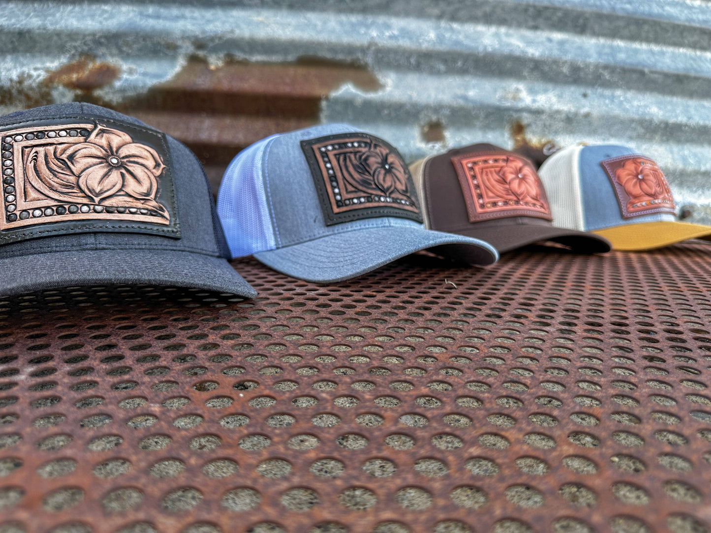 Pansy Handtooled Leather Patch Cap with Beaded Border Cowgirl Rodeo Western Cowboy