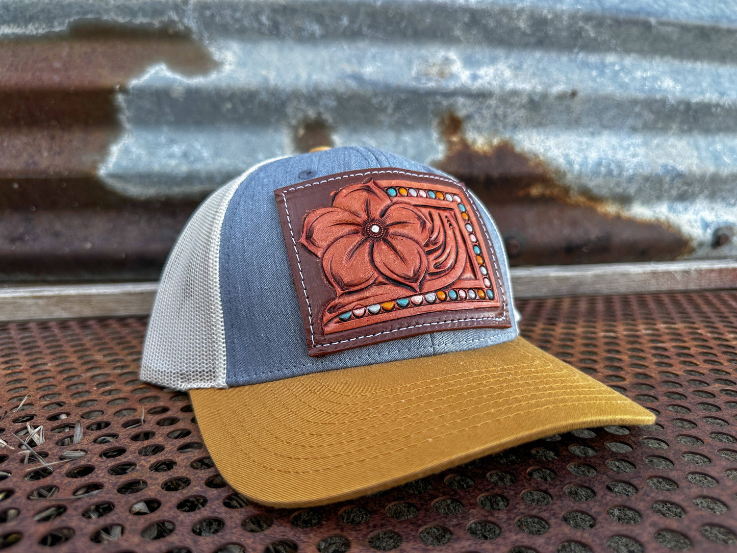 Pansy Handtooled Leather Patch Cap with Beaded Border Cowgirl Rodeo Western Cowboy