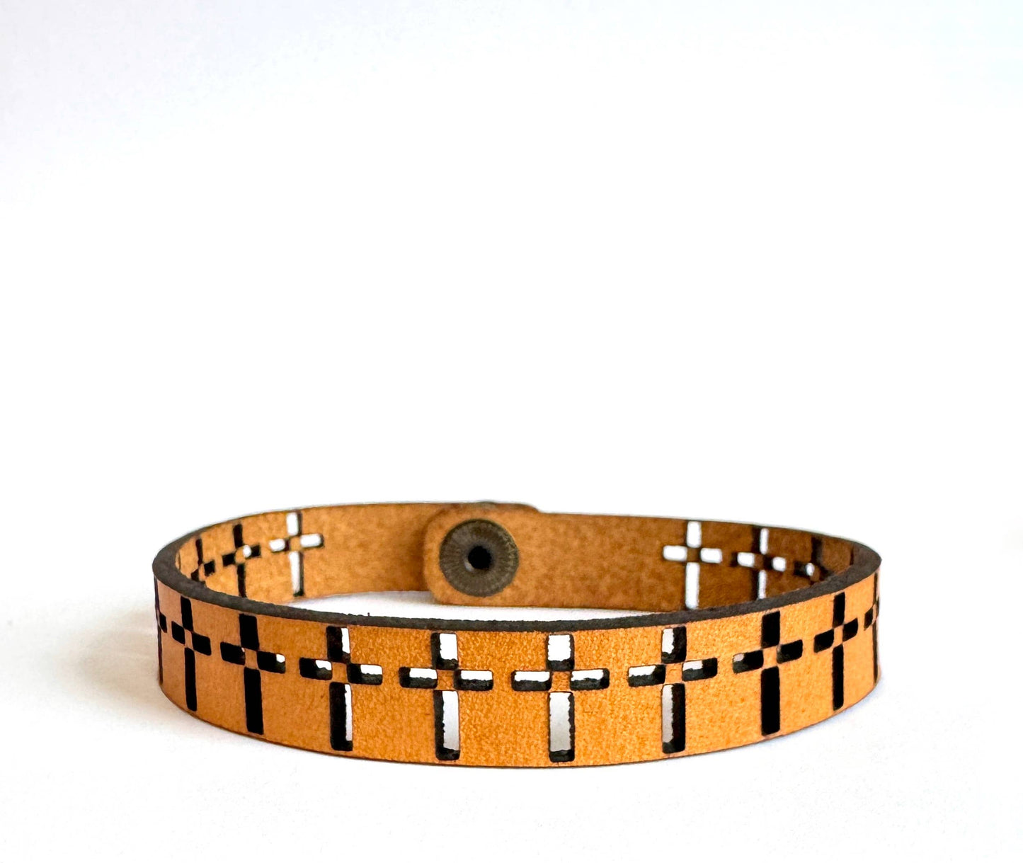 Row of Crosses Snap Bracelet - Engraved Or Cut Leather Cuff
