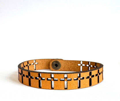 Row of Crosses Snap Bracelet - Engraved Or Cut Leather Cuff