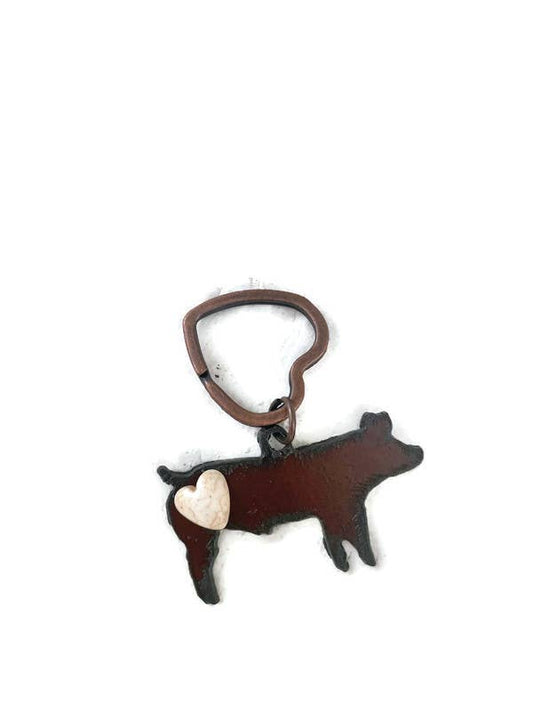 Rustic Pig Keychain with Heart Cabochon – Western Farm Animal Metal Keychain – Livestock Lover Gift