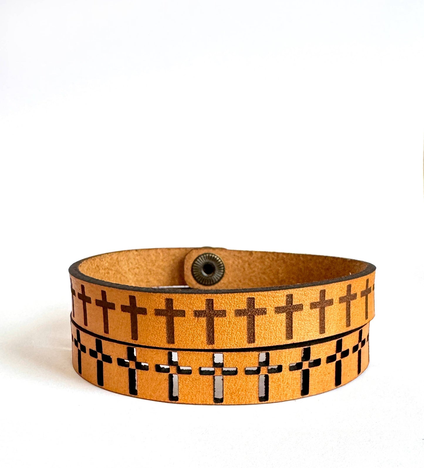 Row of Crosses Snap Bracelet - Engraved Or Cut Leather Cuff