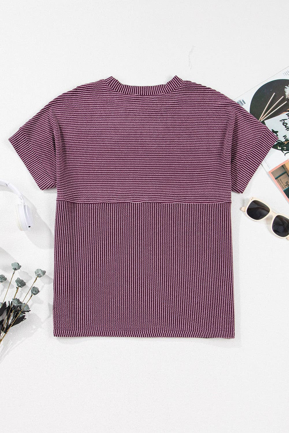 PRETTY BASH Women's Corded Knit Mock Neck T-Shirt | Casual Textured Boutique Top