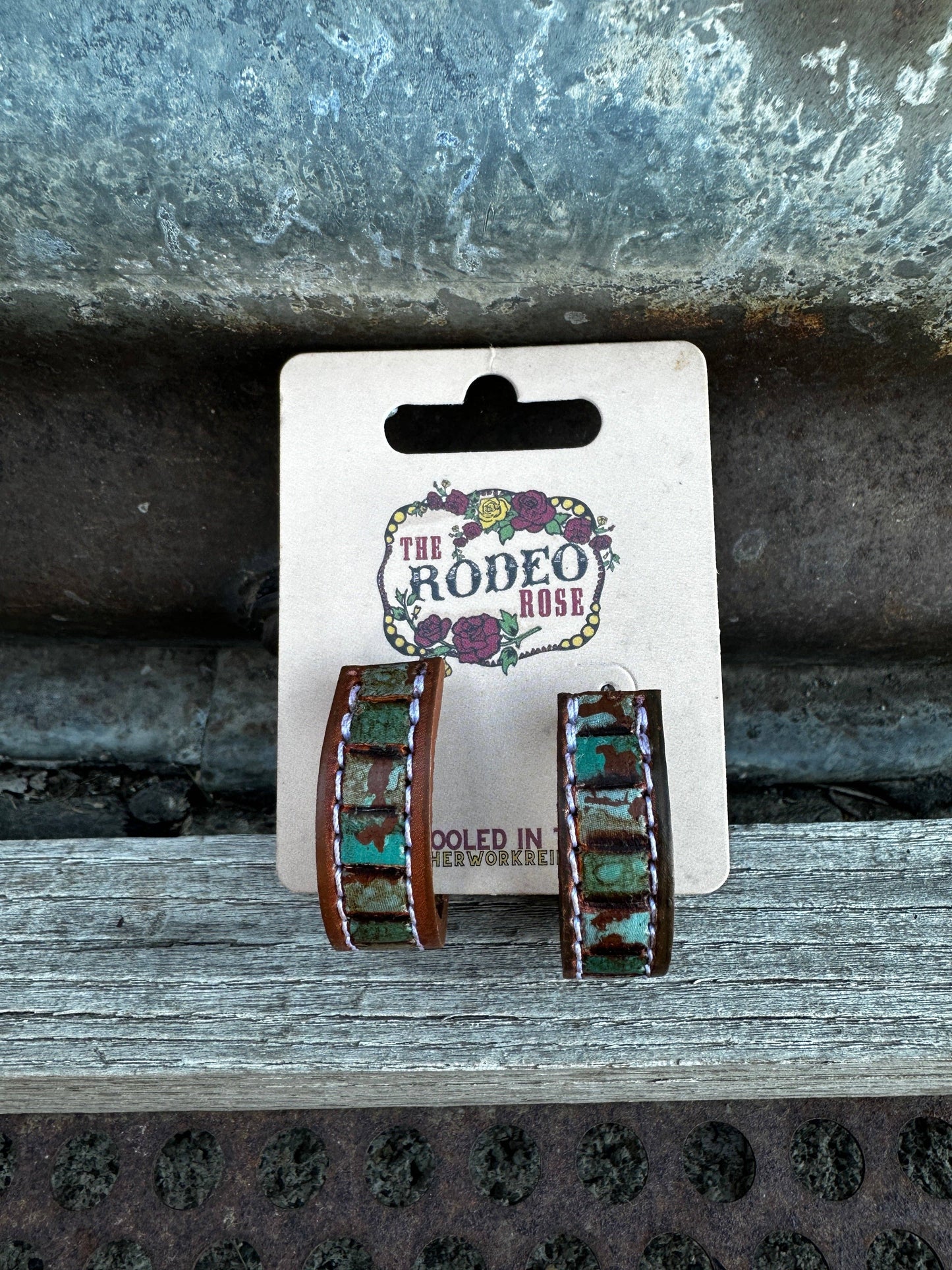 Beaded Tooled Leather Hoop Earrings 30mm Cowgirl Rodeo