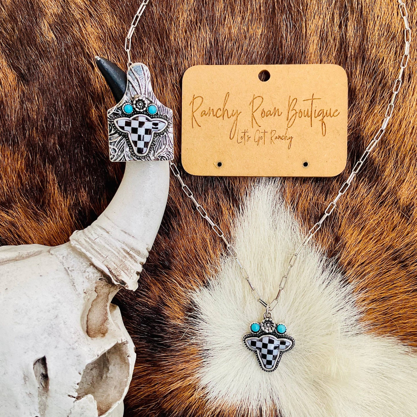 Western Checker Cow Head Necklace