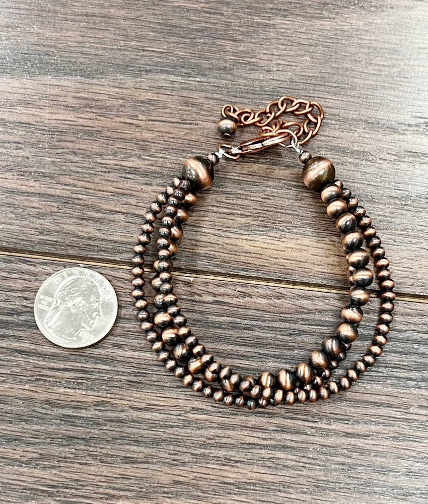 Handmade 3-Strand Copper Navajo Pearl Bracelet – Adjustable Western Bead Bracelet