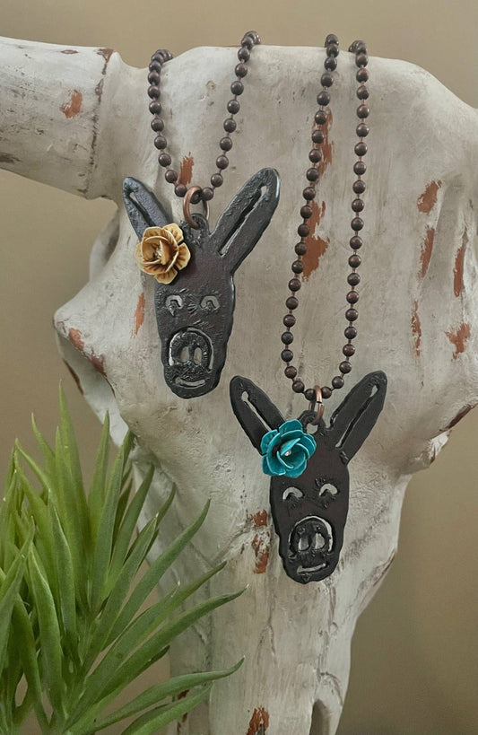 Rustic Donkey Necklace with Turquoise or Rust Flower – Swarovski Crystal Western Necklace – Copper Chain
