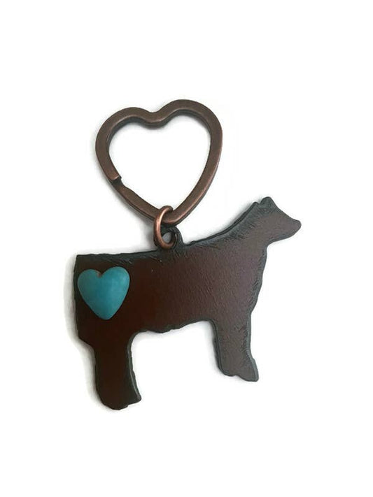 Rustic Steer Keychain with Heart Cabochon – Western Metal Keychain – Ranch & Cow Lover Gift