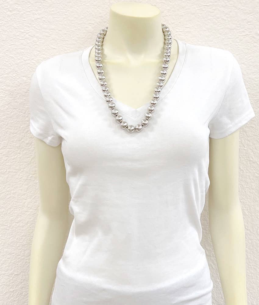 Big 14mm Silver Navajo Bead Necklace – 24" to 29" Adjustable Western Statement Jewelry