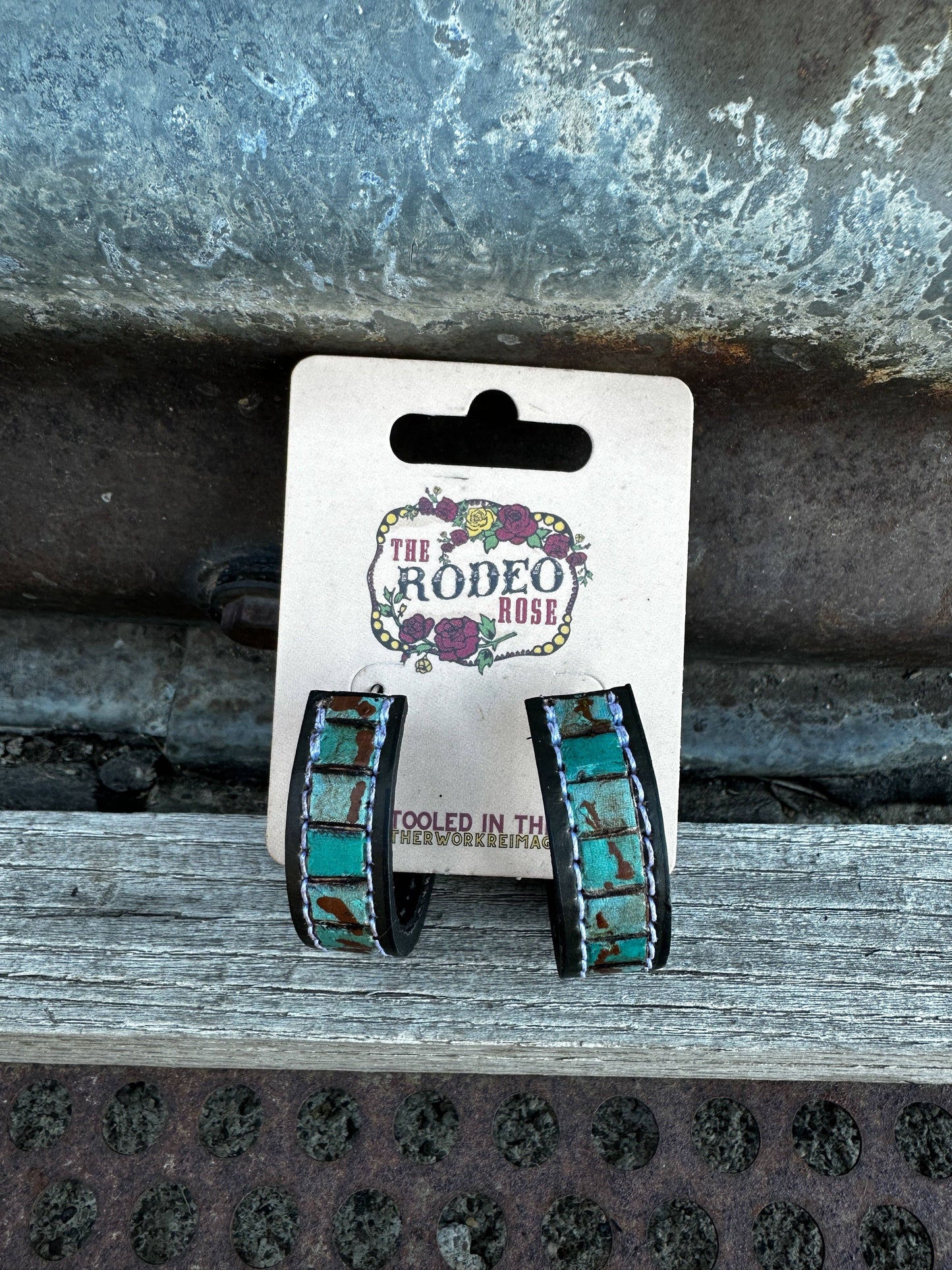 Beaded Tooled Leather Hoop Earrings 30mm Cowgirl Rodeo