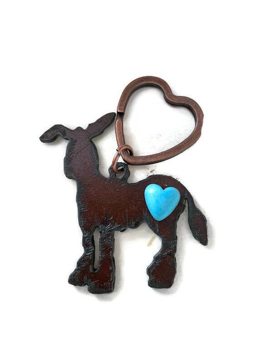 Rustic Donkey Keychain with Heart Cabochon – Farm Animal Metal Keychain – Donkey Lover Gift