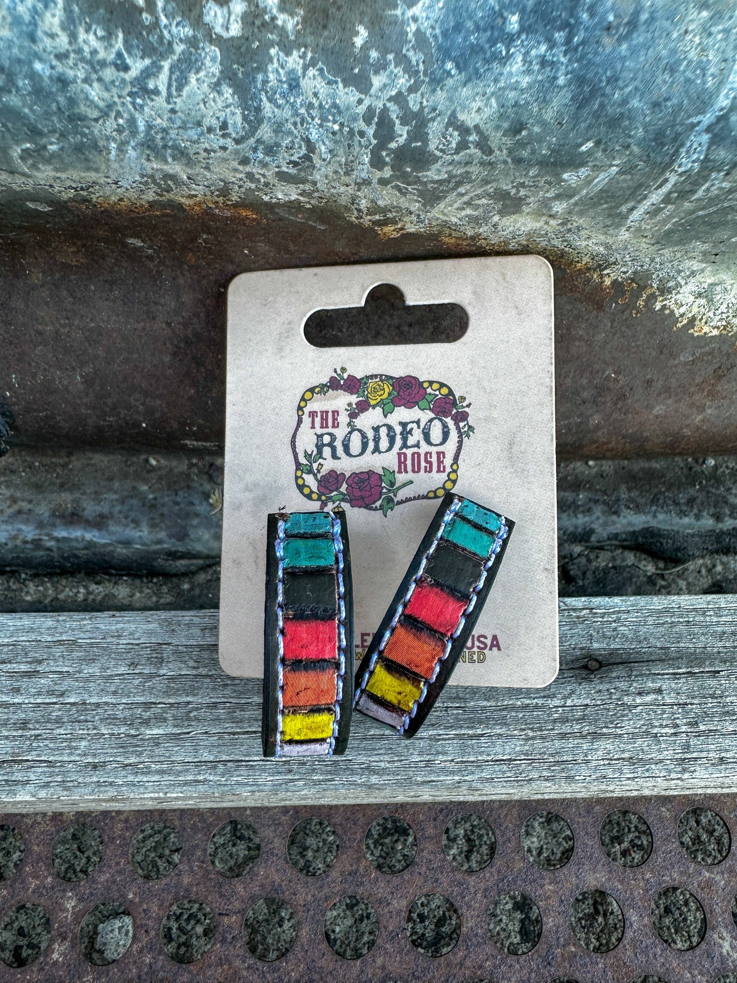 Beaded Tooled Leather Hoop Earrings 30mm Cowgirl Rodeo